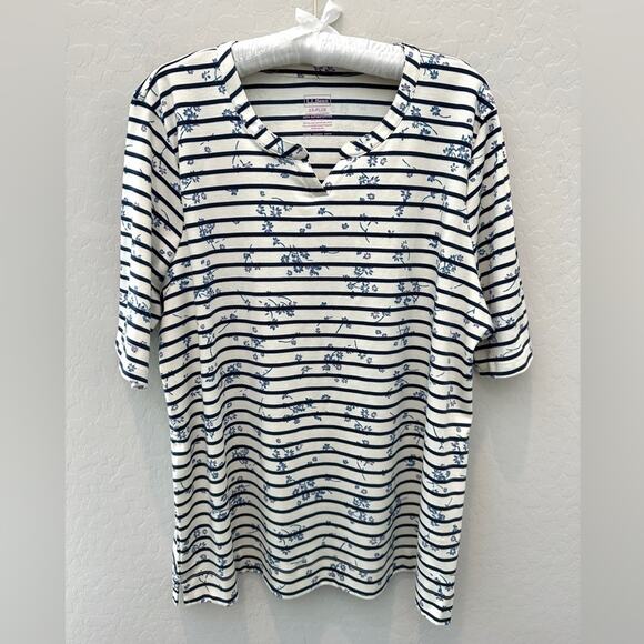L.L.BEAN | Plus Size Supima Cotton White Striped Floral Everyday Top | 1X - Picture 1 of 6